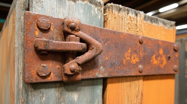 Close up of a rusty metal hinge and latch on weathered wooden planks