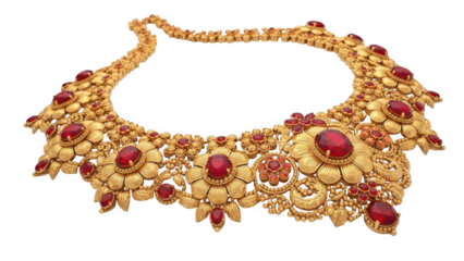 Intricate gold necklace with ruby accents