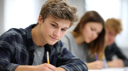 Students sitting in an exam hall doing an exam in university.
