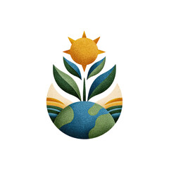Stylized graphic featuring the Earth, leaves, a sun, and scenic landscape