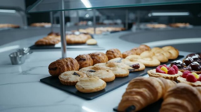 Luxury hotel buffet with assorted fresh pastries and desserts displayed on modern counter, concept of breakfast service and hospitality