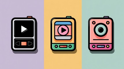 Colorful illustrated media devices in a row against three distinct pastel color backgrounds