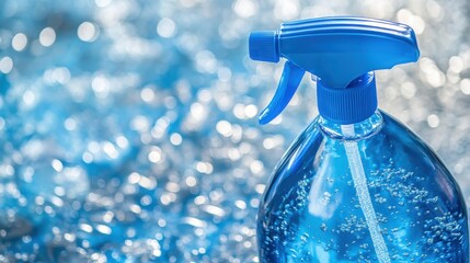 Close up of a blue spray bottle filled with clear liquid and bubbles on a sparkling blue background
