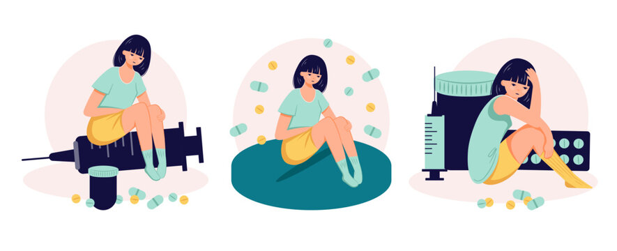 Drug addiction concept female person suffer from drug abuse flat illustration