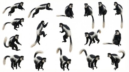 Fototapeta premium Black and white colobus monkeys in various poses and movements 