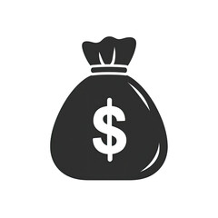 A grayscale icon featuring a money bag with a prominent dollar sign on a black background