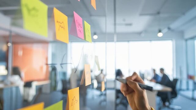付箋を使って情報を整理するオフィス空間でのチームワークを感じる場面