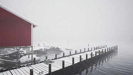 Obraz premium Silent winter coastline, Misty frosty harbor scene, Quiet snowy dock with red boat hut, Calm foggy port with snowcovered wooden pier and boathouse