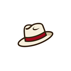 A cartoon fedora hat, creamy white with red band, on a black background