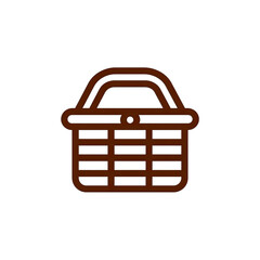 A simple, brown, vector-style picnic basket with a handle, set against a solid black background