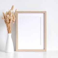 A charming white ceramic vase holds an arrangement of delicate dried flowers, while an empty, rustic picture frame leans nearby, inviting memories.