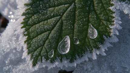 Close up of frozen water droplets clinging to the edge of a green leaf covered in frost