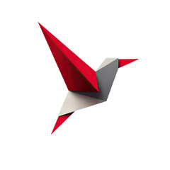 A geometric illustration of a flying bird, crafted with origami-like precision.  Bold red and gray