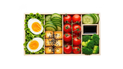 Healthy bento box with assorted vegetables and eggs