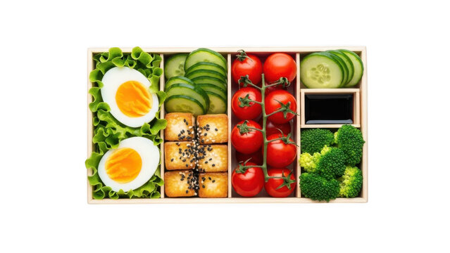 Healthy bento box with assorted vegetables and eggs