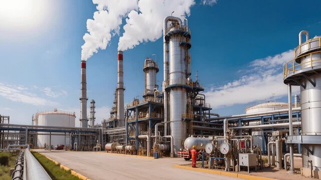 Tanker truck delivering product at petrochemical processing facility. Male worker in safety gear monitoring operations near distillation towers emitting steam