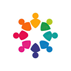 A vibrant ring of abstract human figures, each in a unique color, set against black