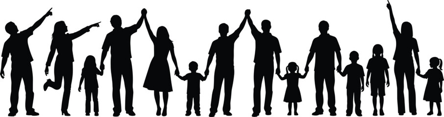 Black Silhouettes of Diverse Group of People and Families Holding Hands and Pointing Upwards Toward Future Goals Success Unity and Community Togetherness Concept Illustration