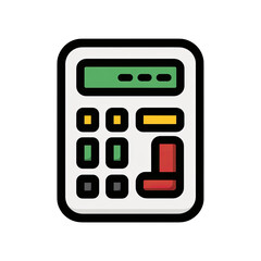 A flat-design calculator icon with a green screen, colorful buttons, and a red key, set on black