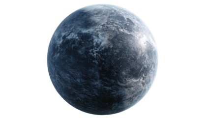 A cold, detailed, mostly blue, rocky planet floating isolated in dark space