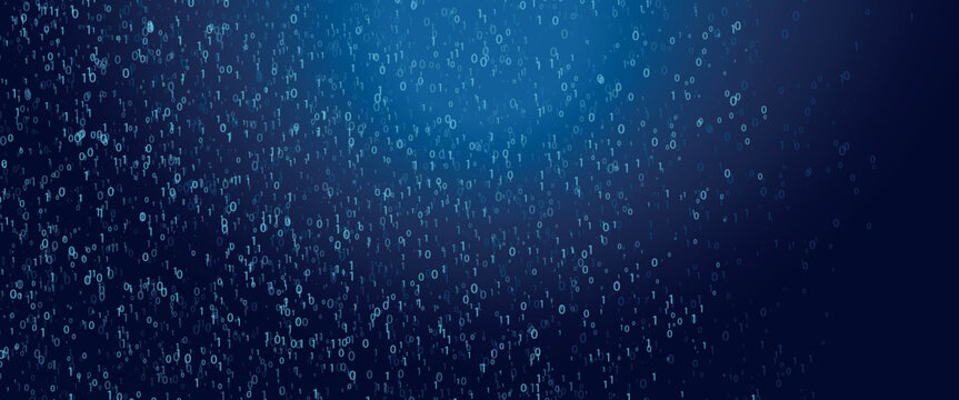 Binary numbers fall like digital rain on a blue background. Futuristic cyber stream, abstract tech pattern, software code, matrix effect and information security design. Vector illustration