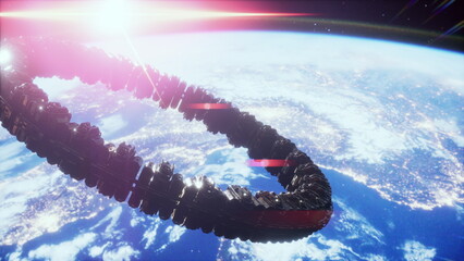 ringed space habitat hovering above Earth, sleek torus with illuminated modules and observation pods, soft lens flare from rising sun, subtle shadow crossing