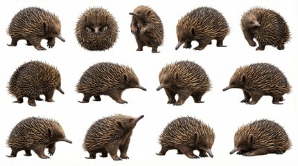 Fototapeta premium Twelve different poses of hedgehogs on a white background 