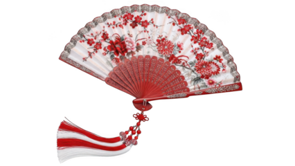 Decorative red and white fan with floral design