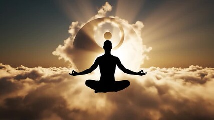 Meditating silhouette levitating above golden clouds, backlit by sunrays and a Yin-Yang
