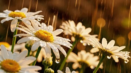 Close-up of white daisies sparkling with raindrops under warm golden light, a refreshing scene - Powered by Adobe
