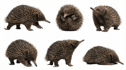 Six cute echidnas in various poses against a white background  