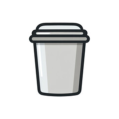 A stylized cartoon illustration of a takeaway coffee cup with a lid, dark outline, black backdrop