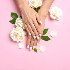 A close-up of a woman's hands adorned with elegant white manicured nails, gently holding a bouquet of vibrant, colorful flowers, showcasing natural beauty.