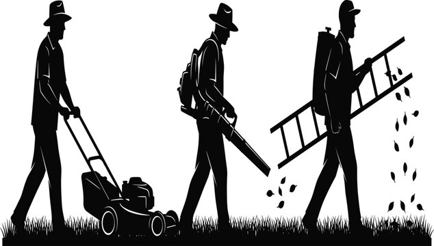 Professional Landscaping Service Crew Silhouette Using Lawn Mower Leaf Blower and Ladder for Commercial Gardening Property Maintenance Yard Work and Seasonal Outdoor Groundskeeping Industry