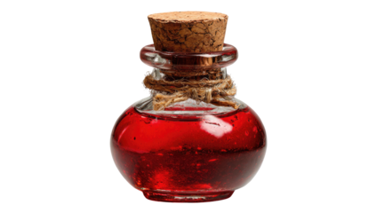 Small glass vial, filled with a shimmering, red liquid, sealed with a cork and twine