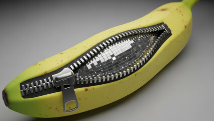 Yellow banana with a zipper running down the middle, peeled back to reveal a shiny metal interior