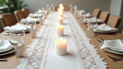 White lace runner on long dining table with candles, minimalist festive setting and peaceful celebration essence, Cloud Dancer Color of 2026.
