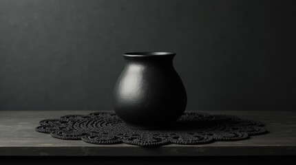 Black lace doily under matte vase on dark wooden console, minimalist gothic decor and quiet dramatic statement