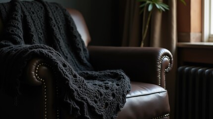 Black knitted throw with lace border on leather armchair, moody reading nook and sophisticated cozy corner