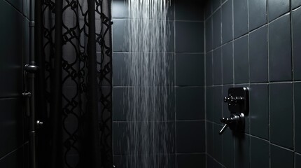 lack lace shower curtain in a dark tiled bathroom with matte fixtures, modern gothic spa, dramatic hygiene space, moody interior