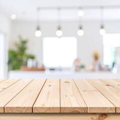 A rustic wooden table top featuring rich grain patterns and textures, set against a softly blurred white background that enhances its natural beauty.