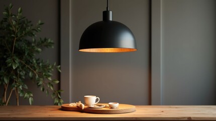 Black pendant light with oak details over dining table, modern organic lighting and warm gathering focus