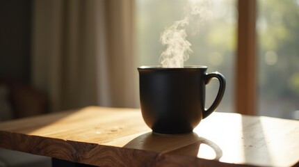 Black ceramic mug on live-edge oak coffee table, simple morning ritual and warm minimalist lifestyle detail