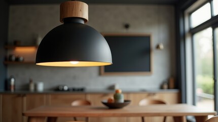Black pendant light with oak details over dining table, modern organic lighting and warm gathering focus