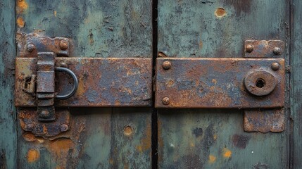 Close up of corroded rusty metal hinges on a weathered green and brown wooden surface