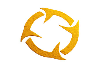 A stylized golden arrow symbol in a circular pattern, isolated on a black background