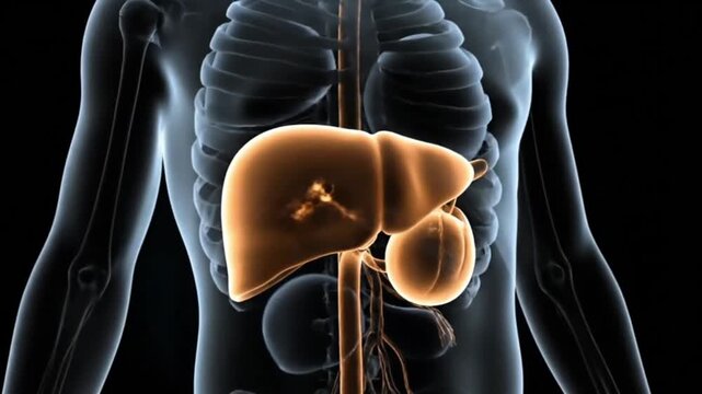 Anatomical illustration of a human torso with highlighted liver and gallbladder against a green screen background.