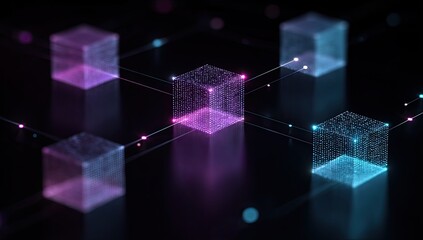 Digitized interconnected cubes glow, connected by lines, in blue, purple, and pink on black
