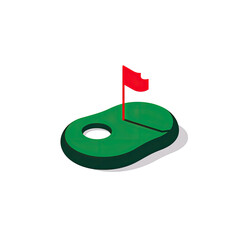 Isometric illustration of a golf green with a flag and a hole, isolated on black