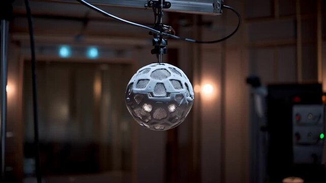 Studio scene with a medium shot of a spherical 3D microphone array suspended to record multidimensional audio for multimedia projects.